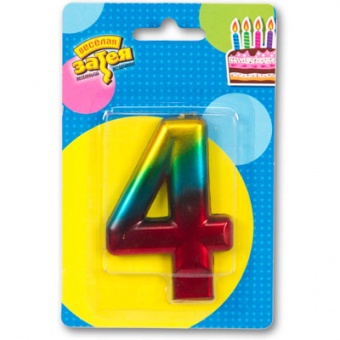 Свеча -цифра "4" Радуга металлик 8см