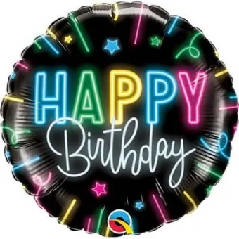 Шар фольга, 45см, "Happy Birthday Сияние неона"