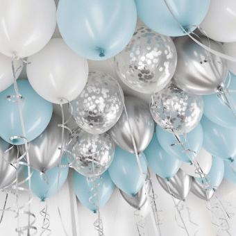 Шары Хром Серебро, С конфетти, Голубые, Белые