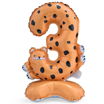 Шар фольга цифра "3" Леопард на подставке